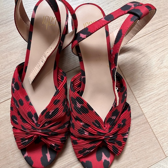 Cabi siren sandals leopard print pleated peep toe red ankle straps spool heel - Picture 10 of 14